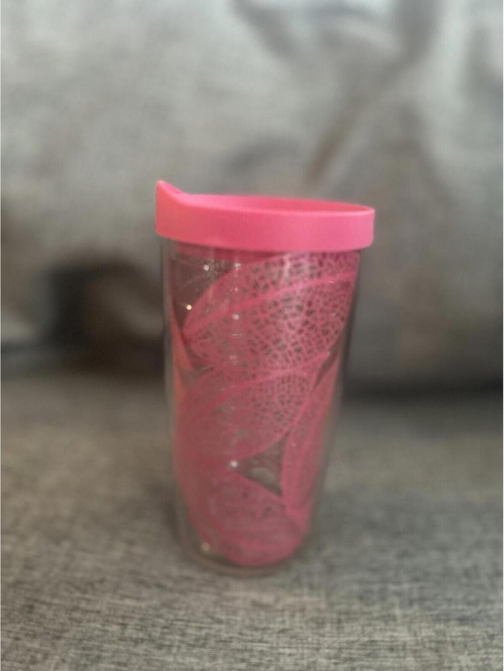 Tervis Tumbler Pink Leaves Pink Lid 16 Oz Tropical Double Wall Insulated